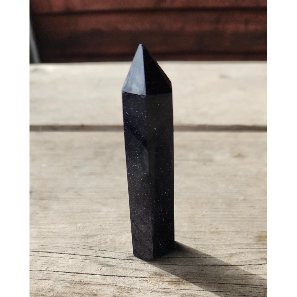 Blue Goldstone Tower, Blue Sparkled Tower, 3.7" Tall, Healing Properties